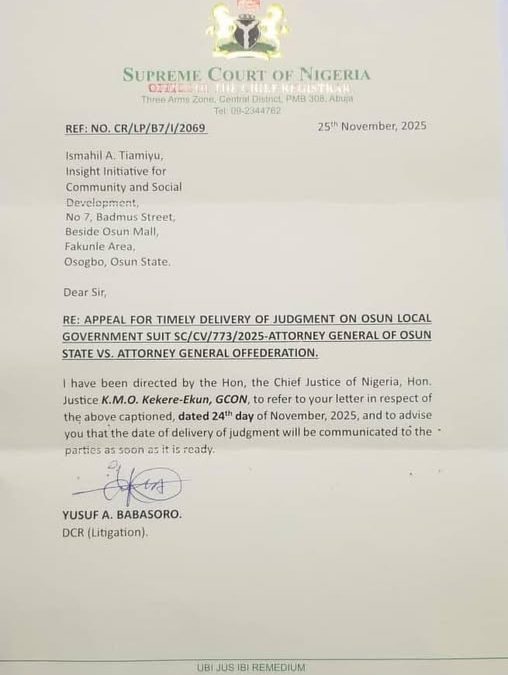 Supreme Court Replies Insight Initiative, Says Date For Judgement On Osun LG Crisis To Be Announced Soon